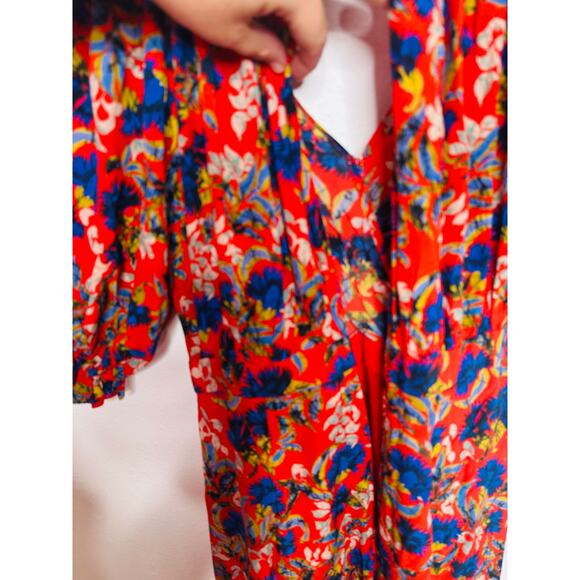 SALONI Red Floral Flame Azalea Olivia Tie-Waist 100% Silk Ruched Ruffles Dress 6 - Picture 5 of 16